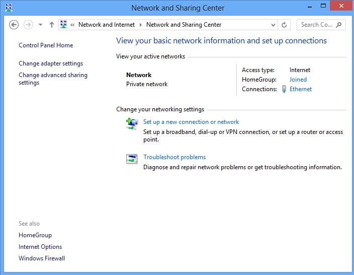 Open Network-and Sharing Centre option