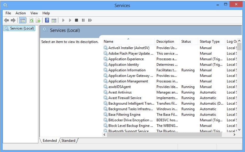 windows services dialog box